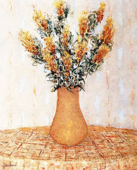 Still Life With Yellow Flowers And Plaid Tablecloth by Arnold Friedman