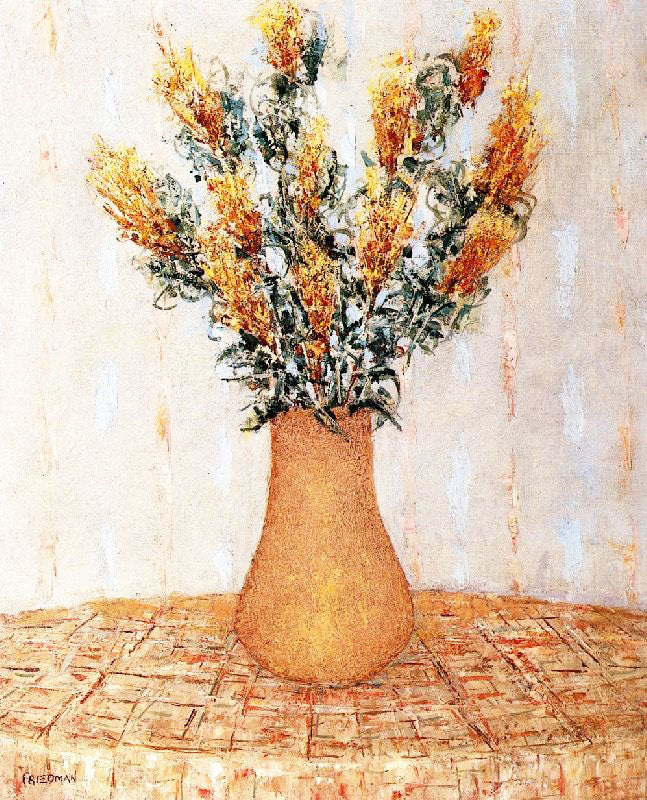 Still Life With Yellow Flowers And Plaid Tablecloth by Arnold Friedman
