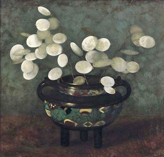 Silver Dollar Plant In A Japanese Jug by Jan Mankes
