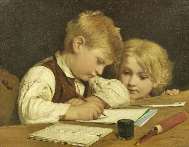 Writing Boy With Little Sister by Albert Anker