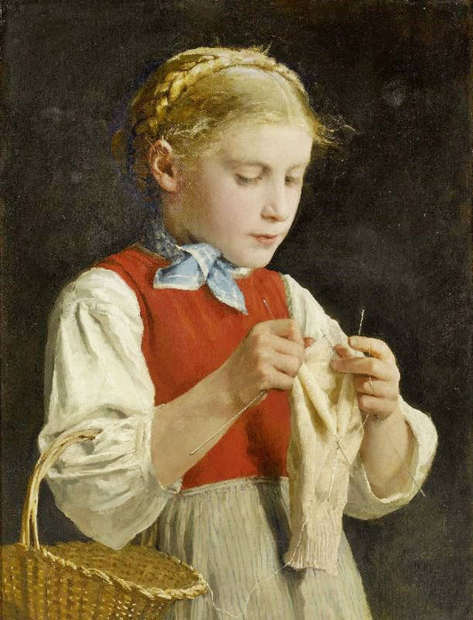 Young Girl Knitting by Albert Anker