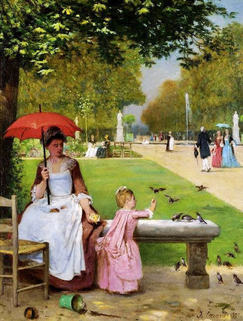 Feeding The Birds At The Tuilleries, Paris by Joseph Caraud