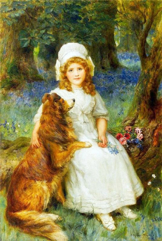 Young Girl With Pet Collie Seated On A Log With Flowers In A Woodland Scene by George Sheridan Knowles