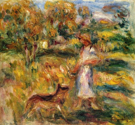 Woman In Blue And Zaza In A Landscape by Pierre Auguste Renoir