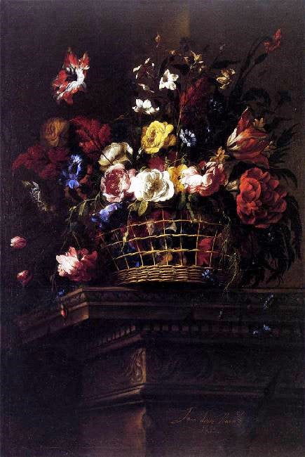 Basket Of Flowers On A Plinth by Juan de Arellano