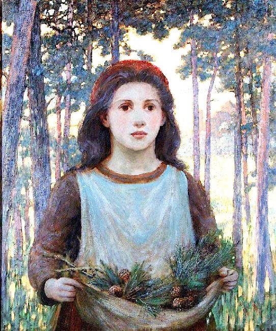 GIRL GATHERING FIR CONES