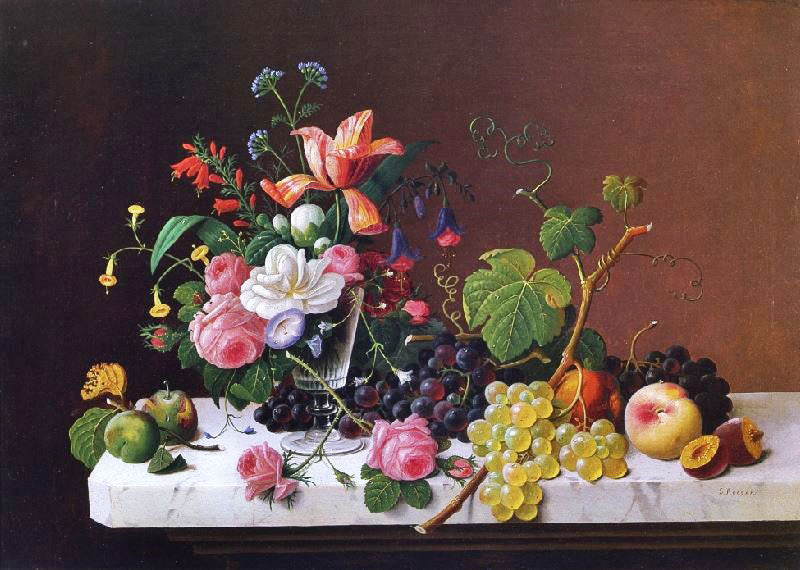Fruit And Flowers On A Marble Table Ledge by Severin Roesen