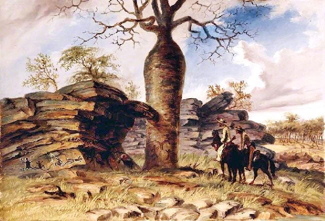 FIGURES PAINTED ON ROCKS AND CARVED ON A GOUTY STEM TREE