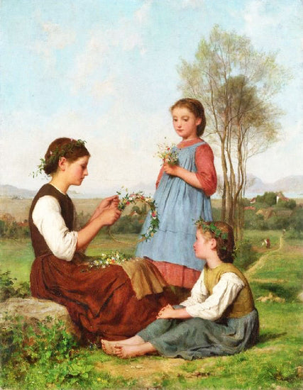 Three Girls Winding Wreaths by Albert Anker
