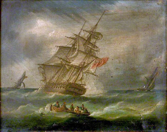A FRIGATE AND A REVENUE CUTTER CHASING A FRENCH SMUGGLER
