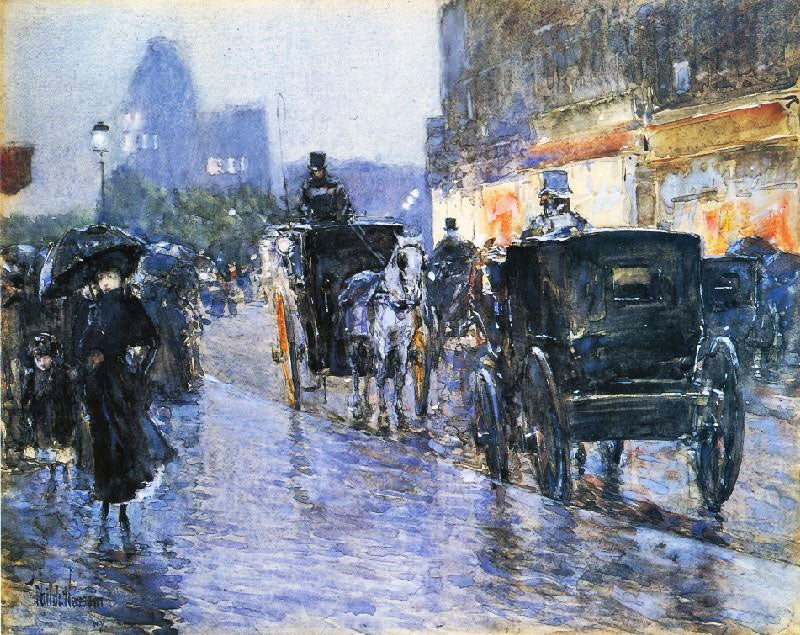 Horse Drawn Cabs At Evening, New York by Childe Hassam
