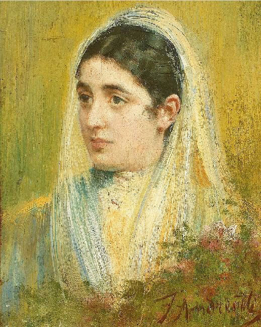 Bust Of A Young Woman Behind A Rosebush by Federico Andreotti