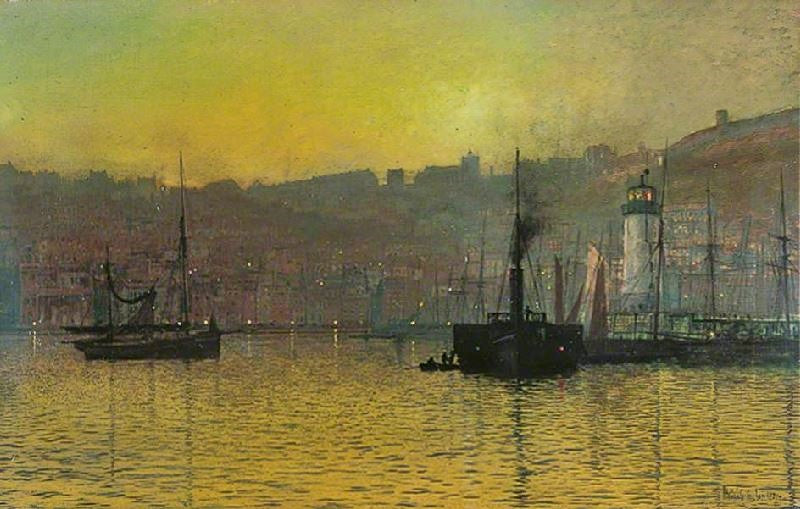 Nightfall In Scarborough Harbour, North Yorkshire by John Atkinson Grimshaw