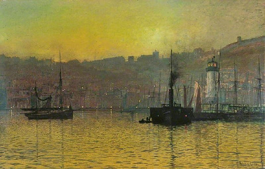 Nightfall In Scarborough Harbour, North Yorkshire by John Atkinson Grimshaw