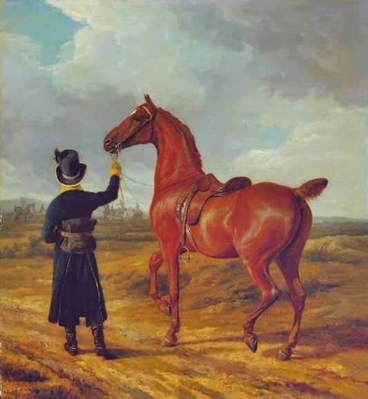 Lord Rivers Groom Leading A Chestnut Hunter Towards A Coursing Party In Hampshire by Jacques-Laurent Agasse