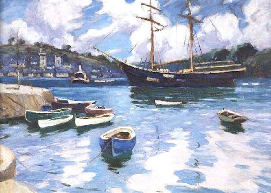 Harbour Scene With Large Sailing Vessel And Small Craft by Helen Lavinia Cochrane