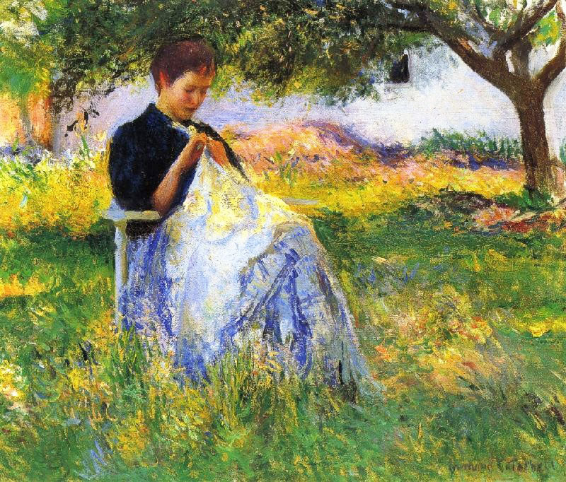 A GIRL SEWING IN AN ORCHARD