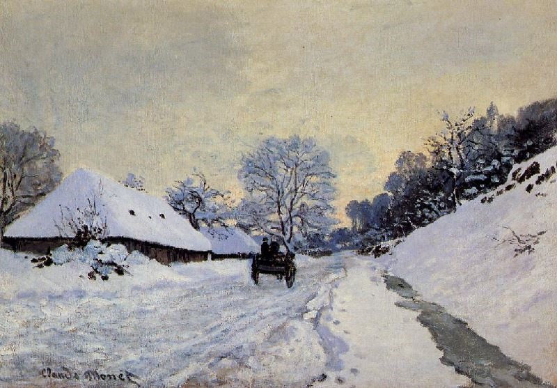 A Cart On The Snow Covered Road With Saint-Simeon Farm by Claude Oscar Monet