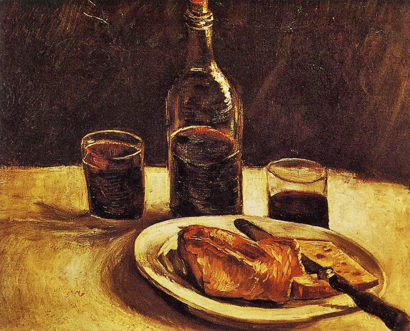 STILL LIFE WITH A PLATE, GLASSES AND WINE BOTTLE