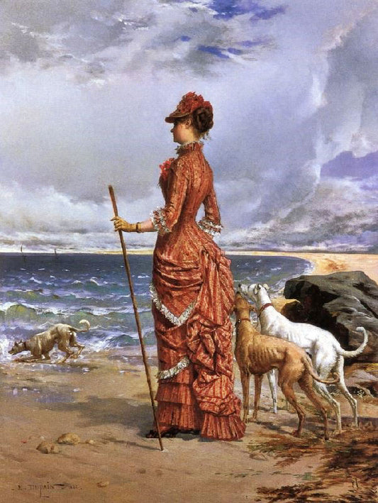 Elegant Lady Walking Her Greyhounds On The Beach by Edmond-Louis Dupain
