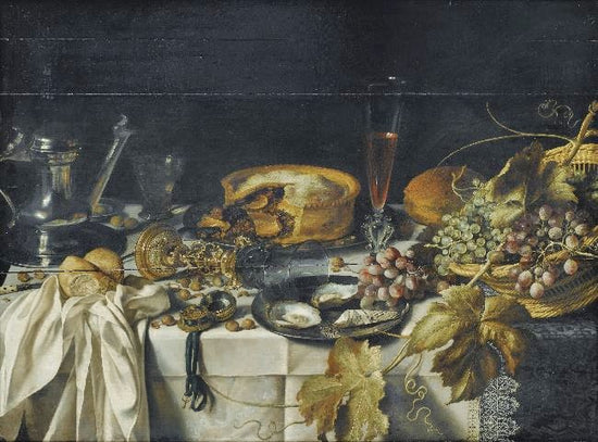Still Life With A Pie, Basket Of Grapes, Pitcher And Watch by Pieter Claesz