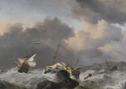 The Jupiter And Another Dutch Ship Wrecked On A Rocky Coast In A Gale by Willem van de Velde