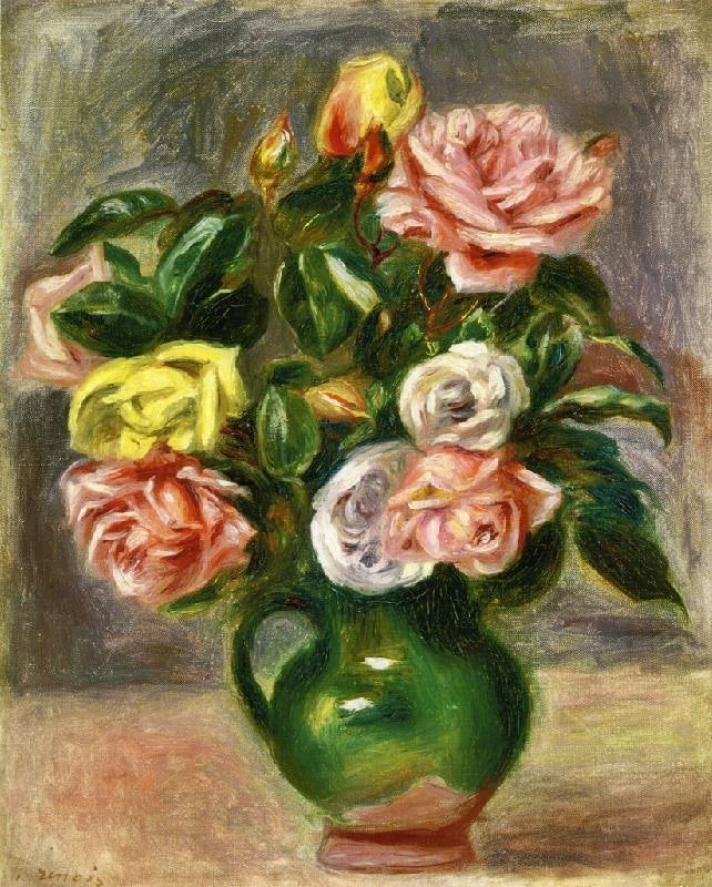 Bouquet Of Roses In A Green Vase by Pierre Auguste Renoir