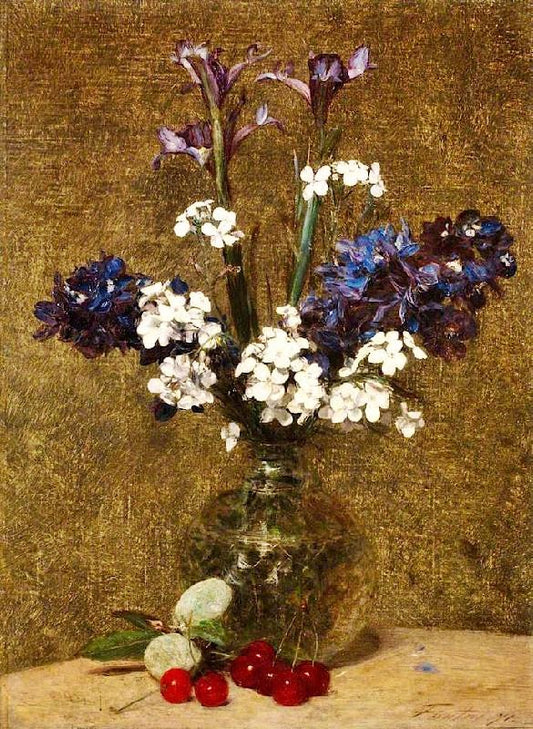 Flowers: Iris And Hyacinths, With Cherries And Almonds On The Table by Henri Fantin-Latour