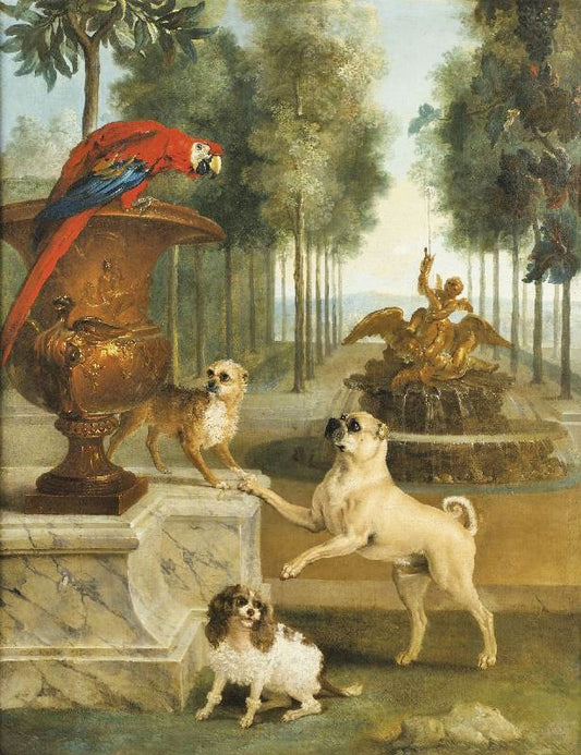 Three Dogs And A Parrot In The Park by Jean-Baptiste Oudr