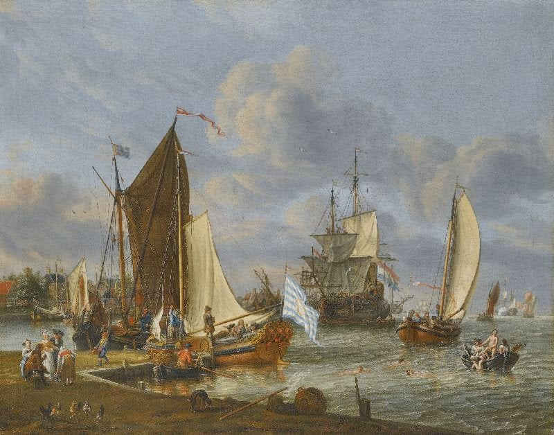 A DUTCH HARBOUR WITH A BEZAN YACHT AND A GALJOOT MOORED AT A QUAY