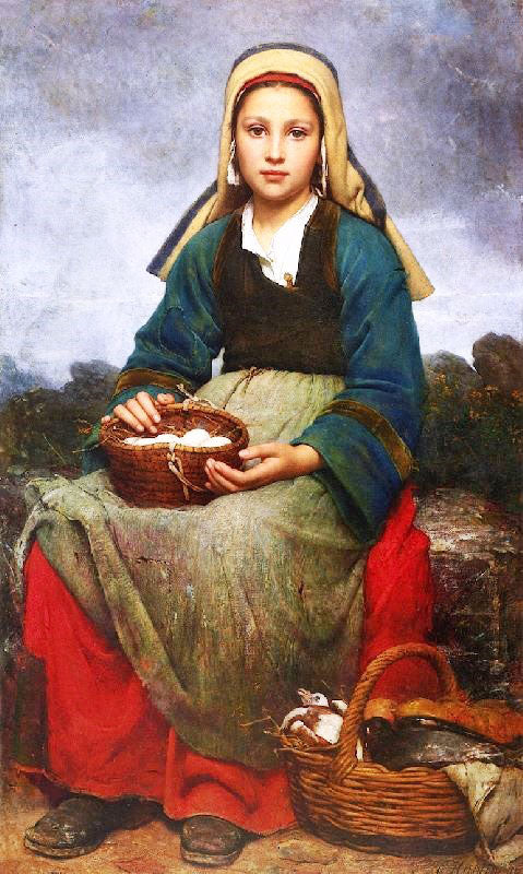 A Young Girl Holding A Basket Of Eggs by Emile Auguste Hublin