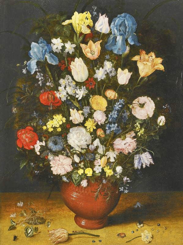 STILL LIFE WITH IRISES, TULIPS, ROSES, NARCISSI AND FRITILLARY IN A CERAMIC VASE
