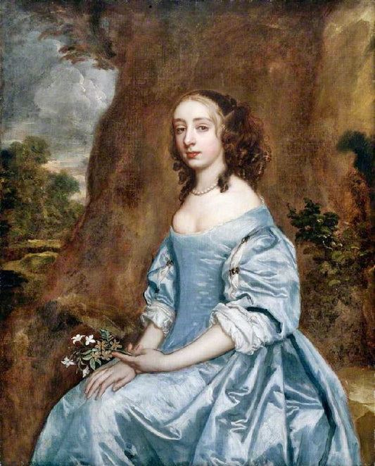 Portrait Of A Lady In Blue Holding A Flower by Peter Lel