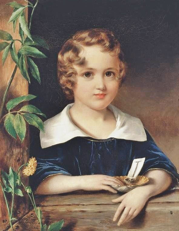 Little Boy In The Window, Nutshell With Sailing Boat by Miklós Barabás
