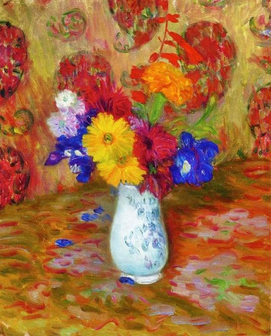 Flowers Against A Palm Leaf Pattern by William James Glackens
