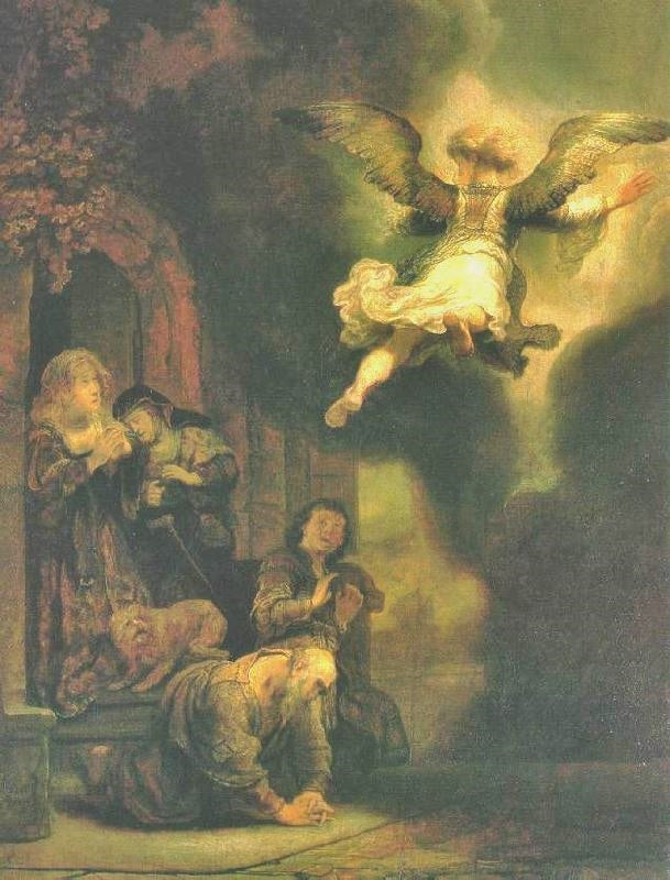 The Archangel Leaving The Family Of Tobias by Rembrandt van Rijn