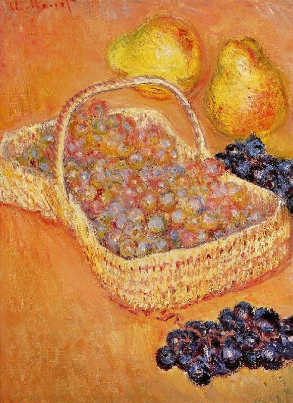 BASKET OF GRAPES, QUINCES AND PEARS