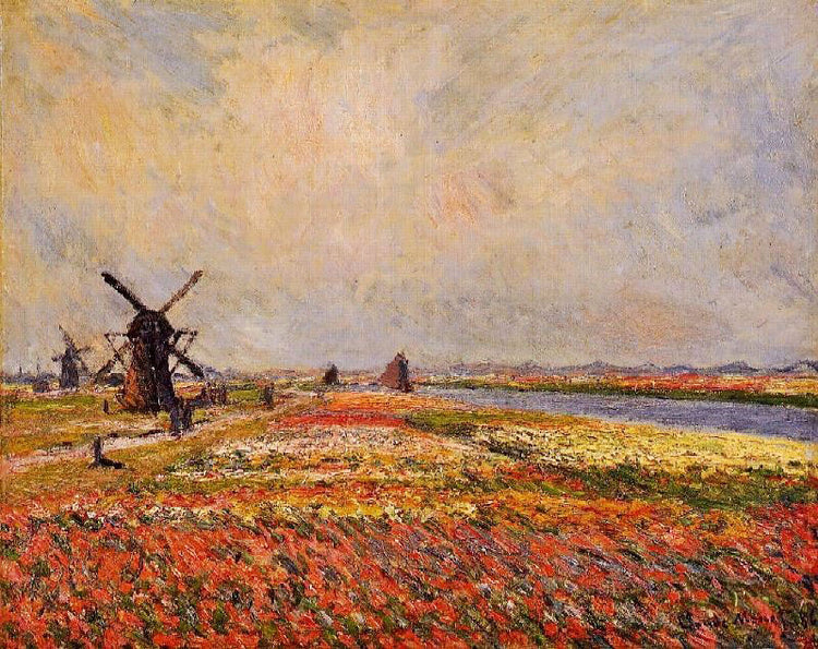 Fields Of Flowers And Windmills Near Leiden by Claude Oscar Monet