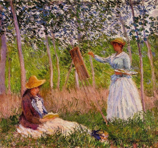Suzanne Reading And Blanche Painting By The Marsh At Giverny by Claude Oscar Monet