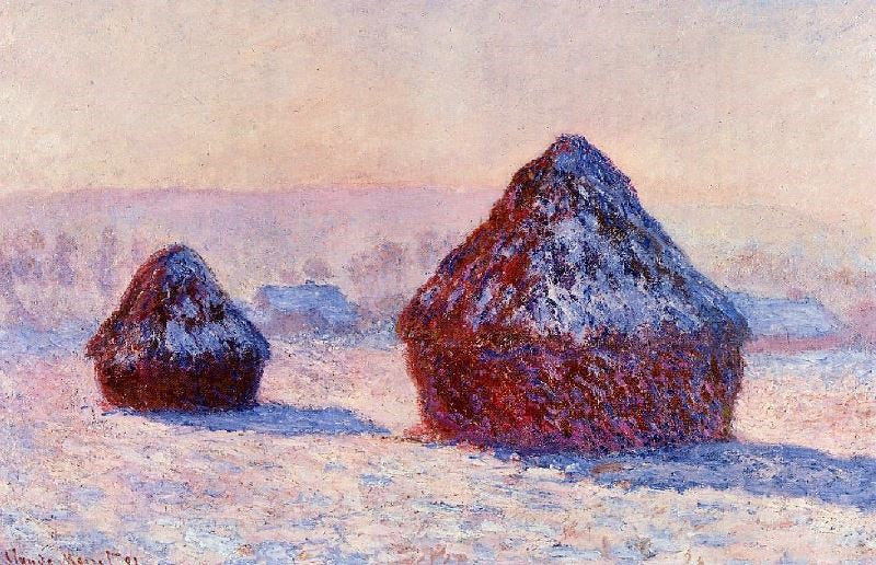Grainstacks In The Morning, Snow Effect by Claude Oscar Monet