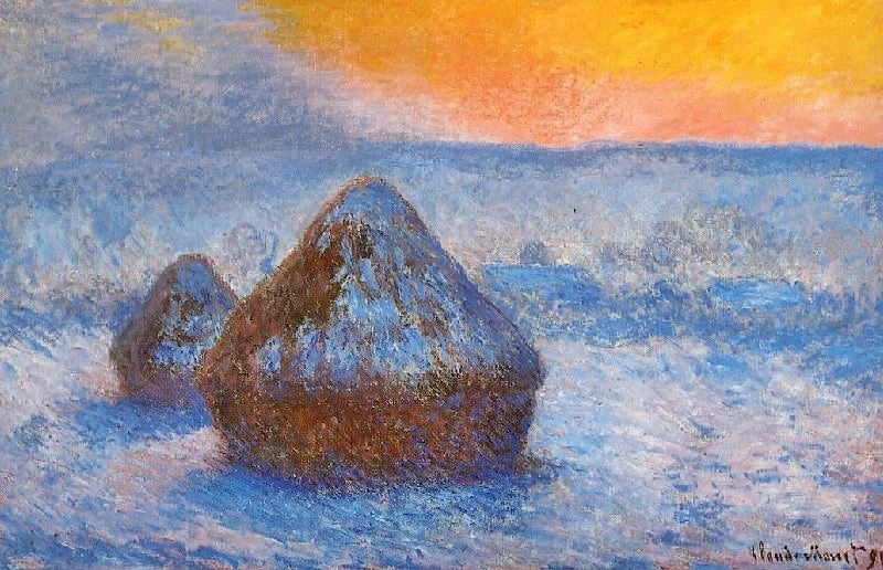 Grainstacks At Sunset, Snow Effect by Claude Oscar Monet