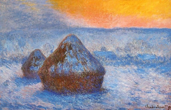 Grainstacks At Sunset, Snow Effect by Claude Oscar Monet