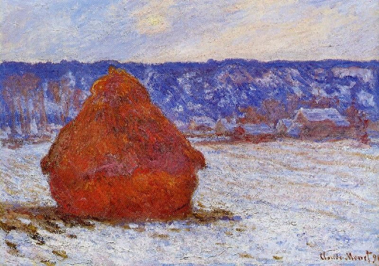 Grainstack In Overcast Weather, Snow Effect by Claude Oscar Monet