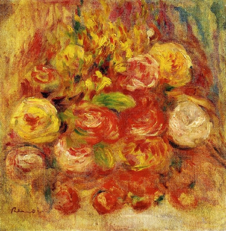 Flowers In A Vase With Blue Decoration by Pierre Auguste Renoir