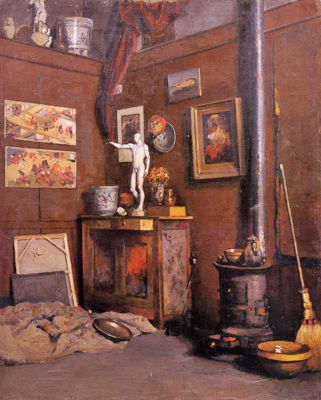 INTERIOR OF A STUDIO WITH STOVE