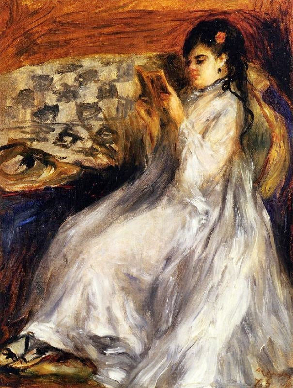 Young Woman In White Reading by Pierre Auguste Renoir