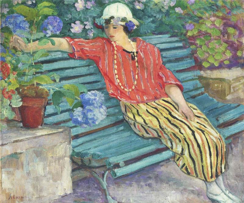 Young Woman Seated With Hydrangeas by Henri Lebasque