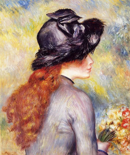 Young Girl Holding At Bouquet Of Tulips by Pierre Auguste Renoir