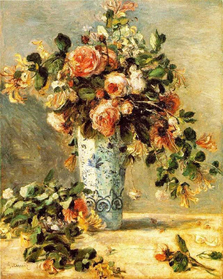 Roses And Jasmine In A Delft Vase by Pierre Auguste Renoir