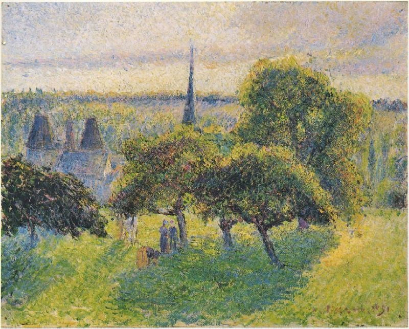 Farm And Steeple At Sunset by Camille Pissarro